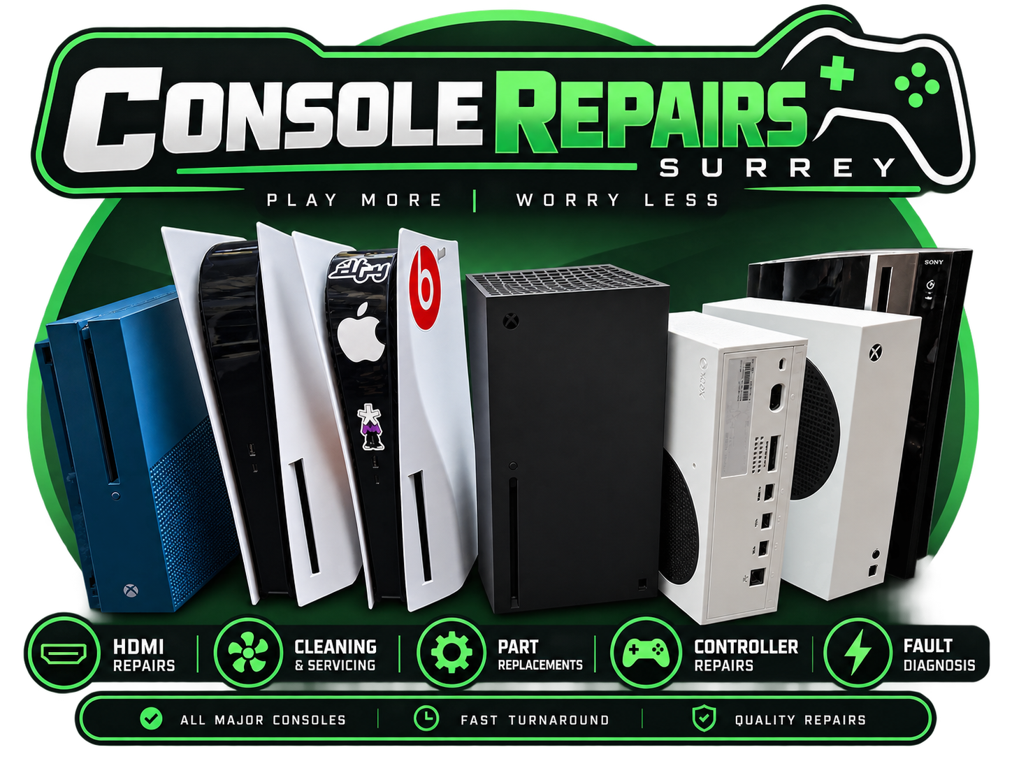 Console Repairs Surrey artwork featuring seven different game consoles